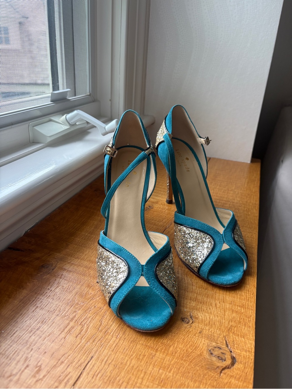 kate spade Teal Satin and Gold Glitter Peep-Toe Heels